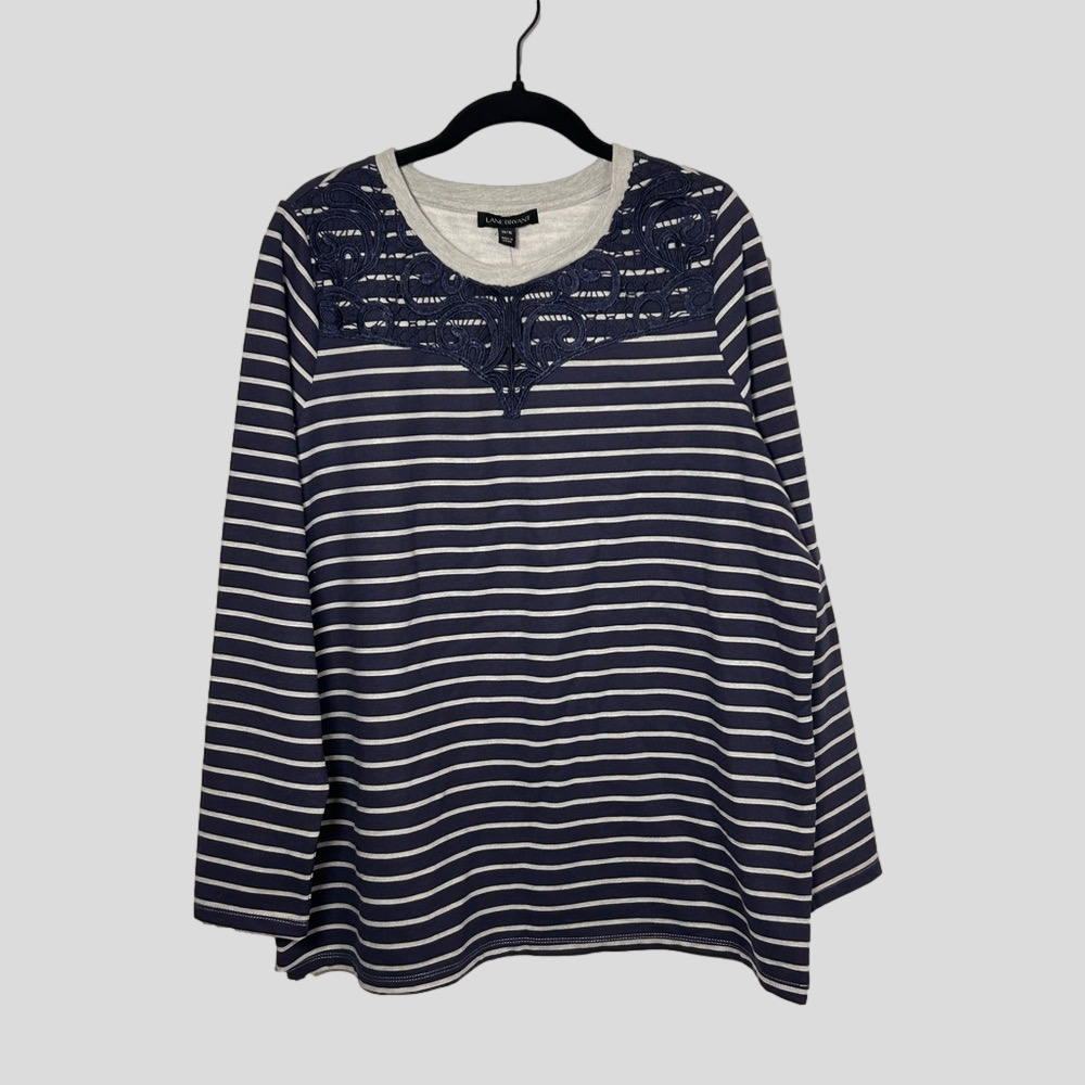 Lane Bryant Striped Lace Blue Gray Lightweight Sweater 14/16